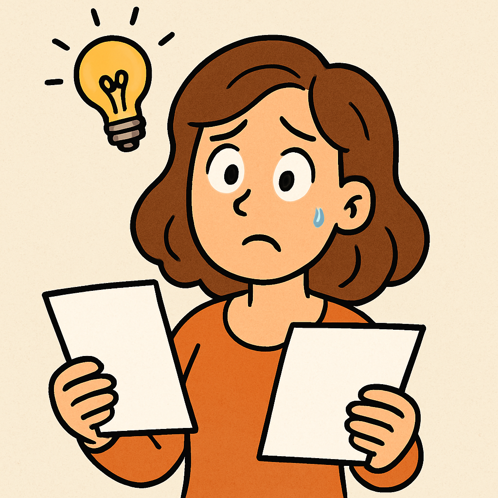 A cartoon woman holding pieces of paper looking confused with a light bulb above her head to depict onboarding